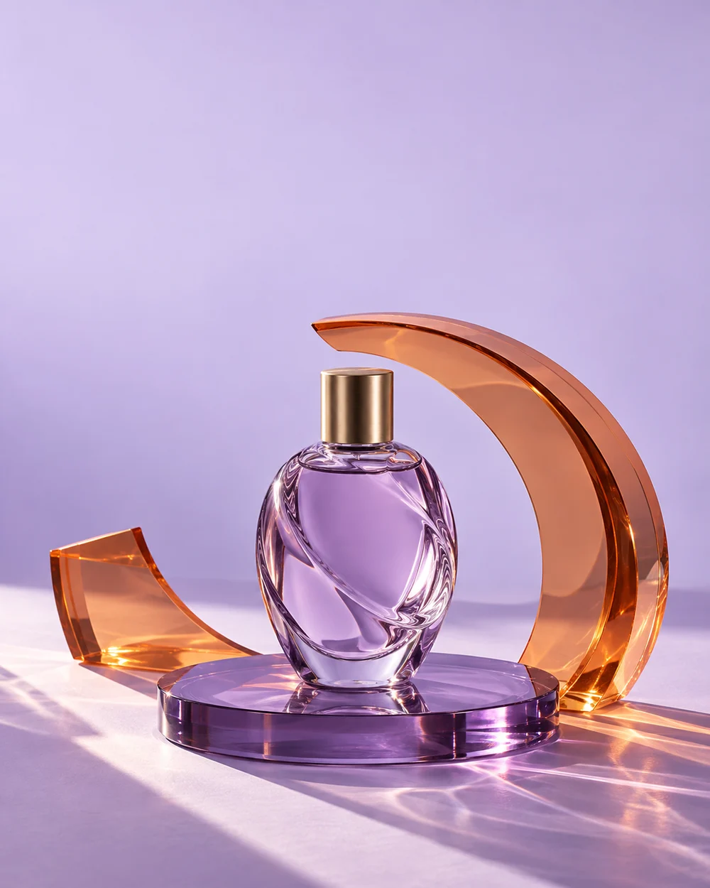 Mock Órbita campaign: sculptural perfume bottle with orange acrylic and lavender glass