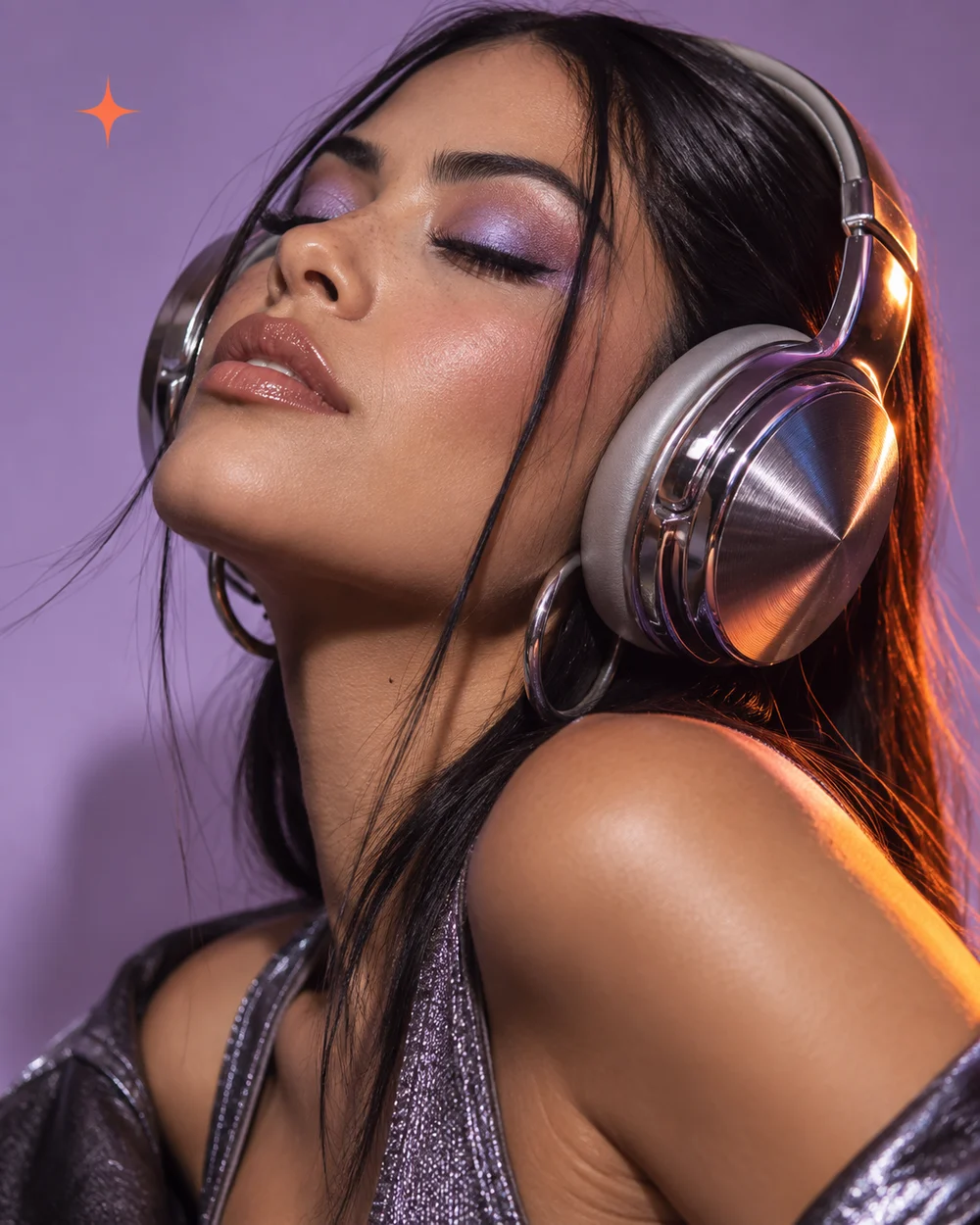 Mock SŌNA campaign: a woman wearing silver headphones in lavender light